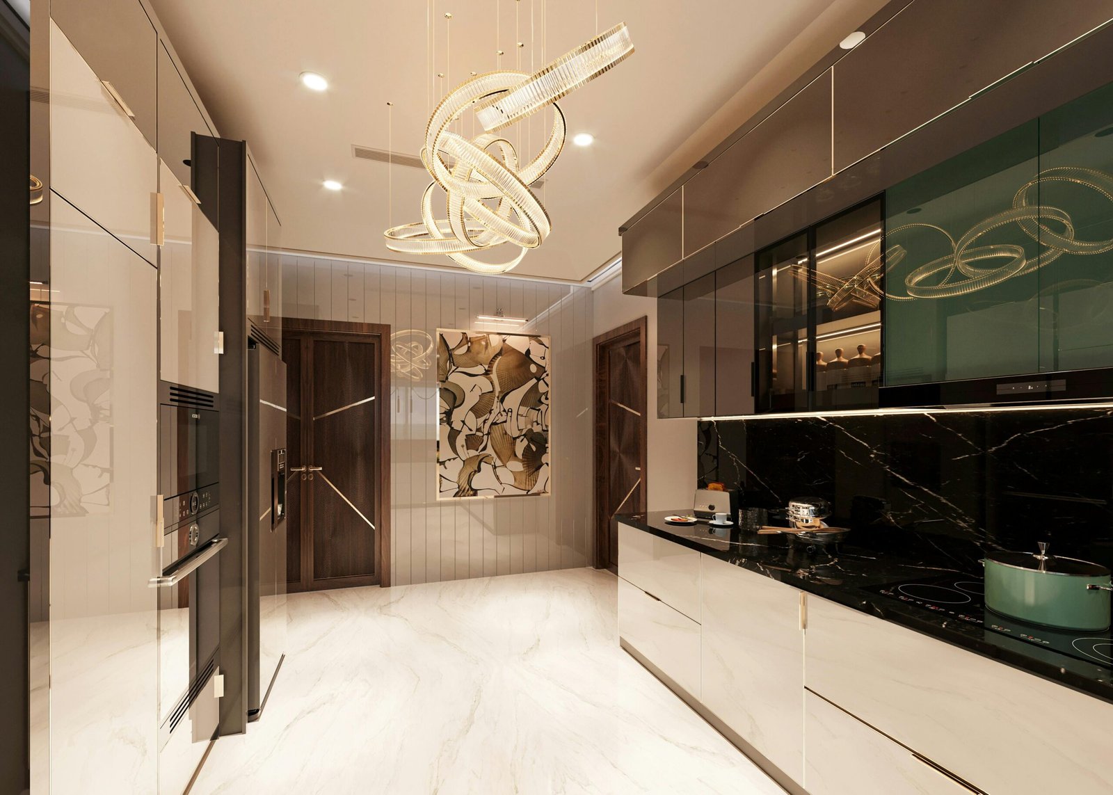 Spacious contemporary kitchen design featuring sleek cabinets and a unique decorative chandelier.