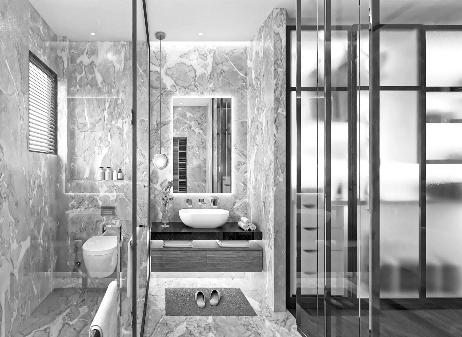 Elegant grey marble bathroom in Gurugram with sleek fixtures and contemporary design.