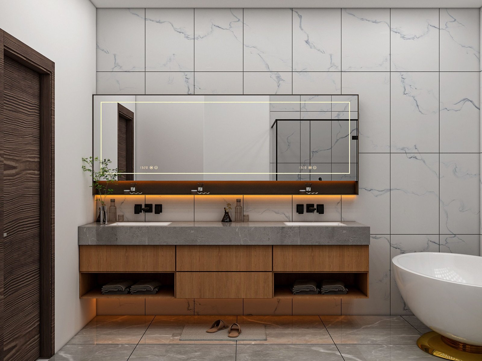 Sleek bathroom featuring a double vanity, large mirror, and freestanding bathtub with elegant tile design.