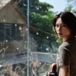 Portrait of a woman with short hair looking outdoors by a sunlit window.